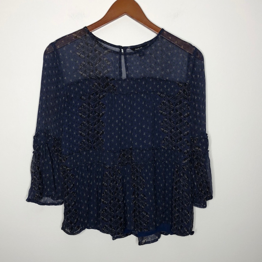 Lucky Brand Sheer Pattern Blouse Blue Boho Peasant